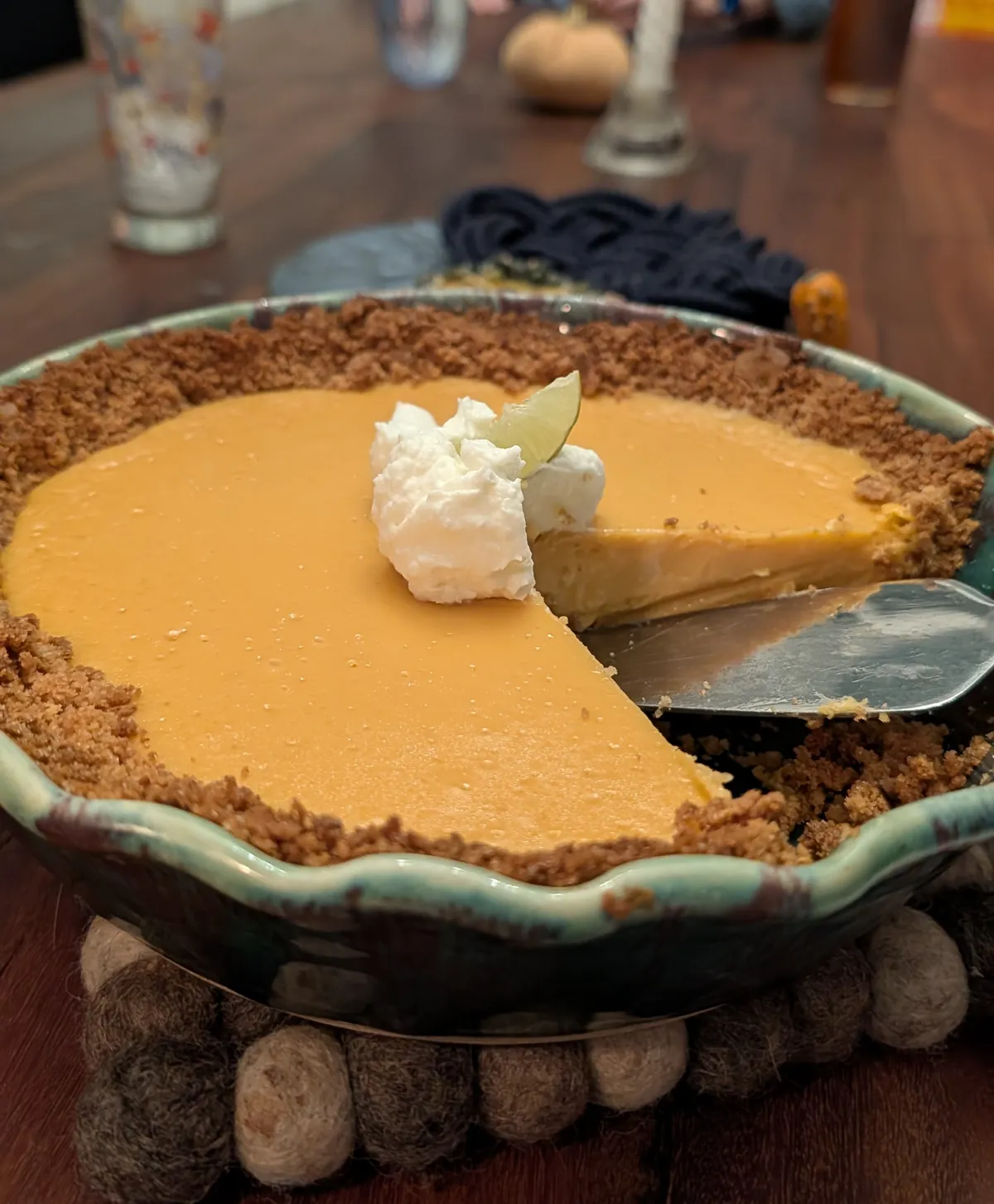 Wife made key lime pie with limes from our tree. Egg yolks were so deeply orange, it tinted the pie