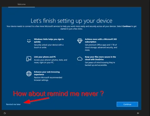 Windows 10 Let's finish setting up your device