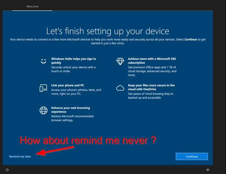 Windows 10 Let's finish setting up your device