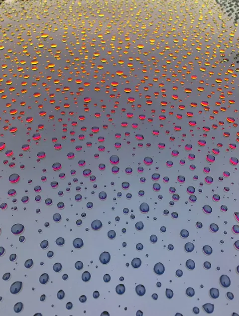 Water droplets reflecting a sunset off the hood of a car