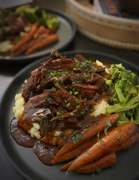 Easter Dinner - Pot Roast and Garlic Mashed Potatoes with Carrots and Broccoli