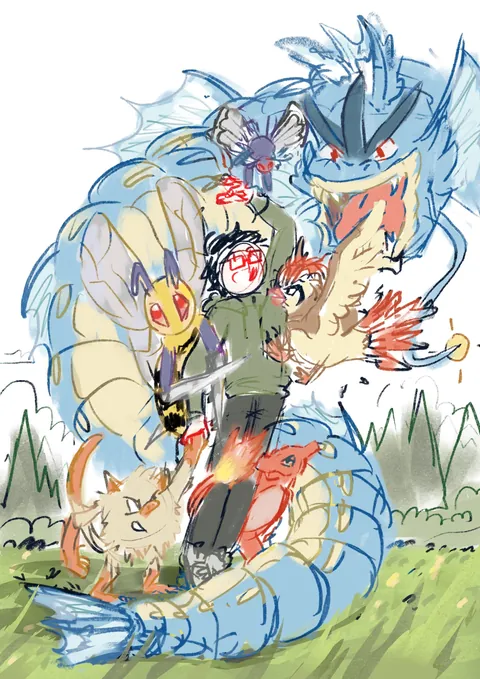 I realized I still play with the same team whenever I play Fire Red since i was a kid so I drew myself growing up with them