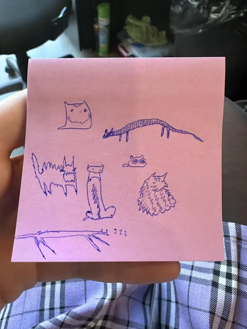 Show me your cats and I’ll do terrible portraits of them on sticky notes at work