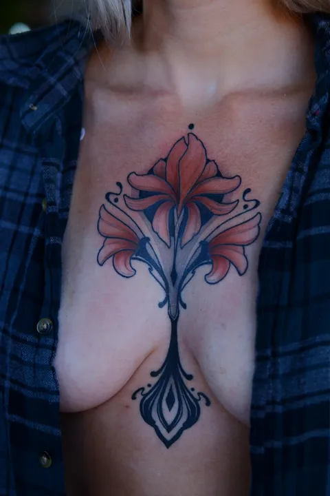 Finished chest/sternum piece done by Isis Myers, Steamboat Springs Co, Black Rabbit Tattoo