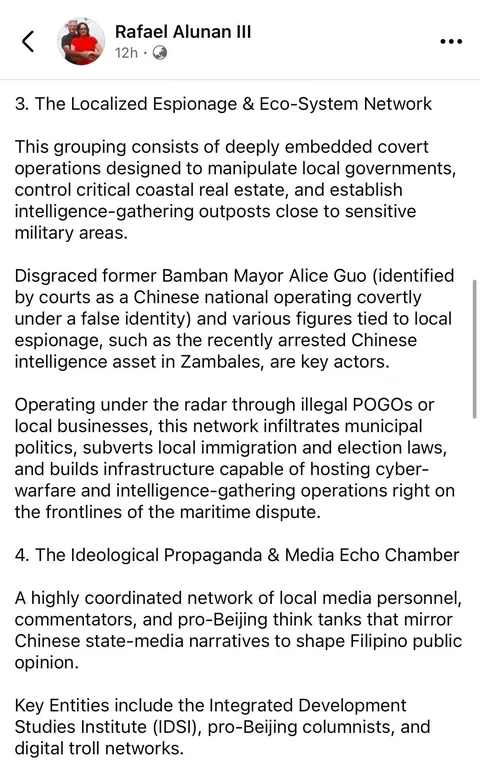 Communist China has been actively destabilizing the current administration with the aid of the DDS, INC, their localized espionage network (ex. the likes of Alice Guo), and their online propaganda network, according to Rafael Alunan III, Former DILG Sec. under President Fidel V. Ramos