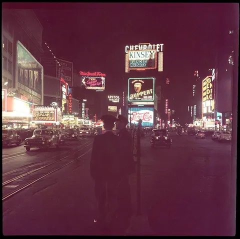 A rare negative reveals Times Square NYC in color, circa 1948.