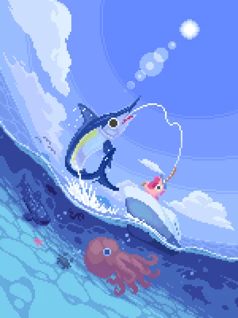 A fishing-themed illustration featuring a axolotl catching fish!!