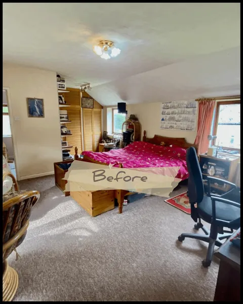 Our Cottage Master Bedroom, swipe for before