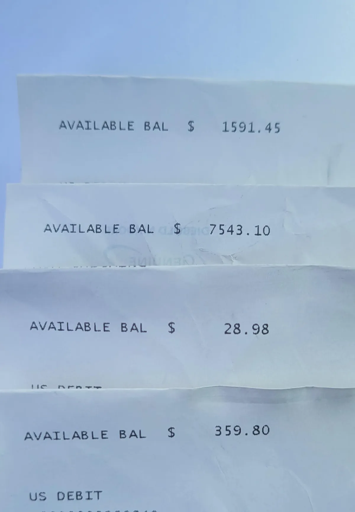 Account balances from people that left their receipts on top of an ATM 