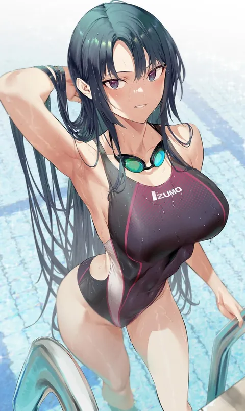 Choose your favorite swimsuit for the long black hair cool girl: one piece, translucent one piece, string bikini 1 or 2, cow print, nipple pasties, sexy and erotic string one piece, naked with diving goggles, naked (Kendou Shoujo Ch8) (Hiiragi Yuuichi)