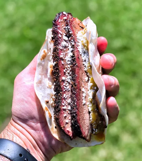 [Homemade] Brisket taco with hatch green chile salsa and cotija cheese