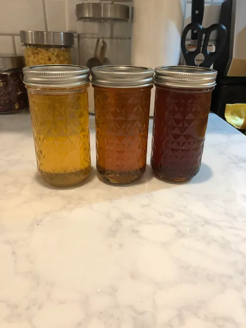 The different colors of the honey I harvested this year: spring, summer and fall.