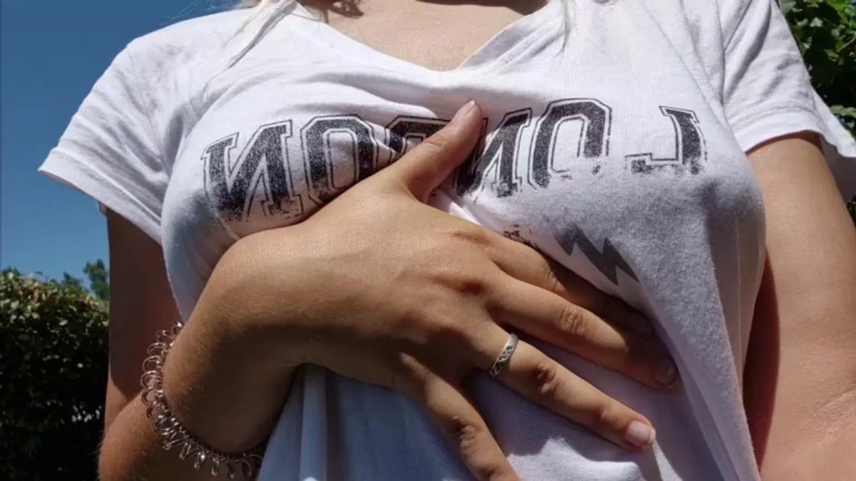 My neighbors are right behind the hedge while I'm having fun with my chest