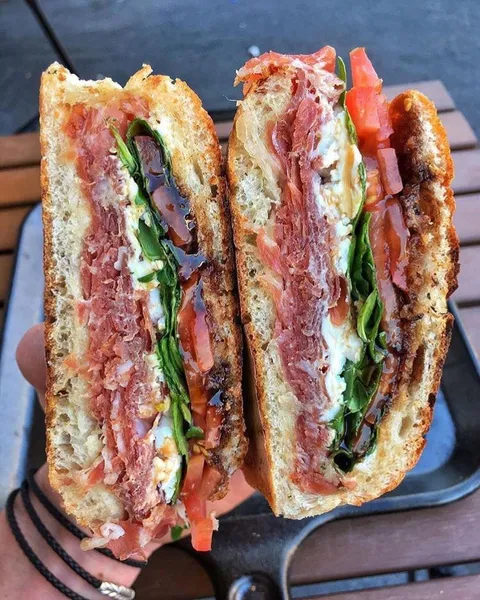 Smoked Prosciutto, Goat Cheese, Baby Arugula, Tomato &amp; Balsamic Glaze Panini