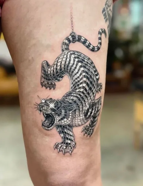 Leg Disco Tiger Tattoo done by @nicotattoo.nyc at Secret Door in New York City, USA