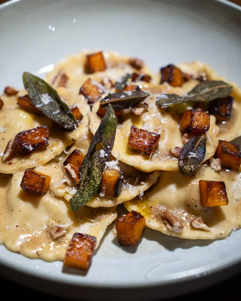 [OC] Homemade butternut squash ravioli