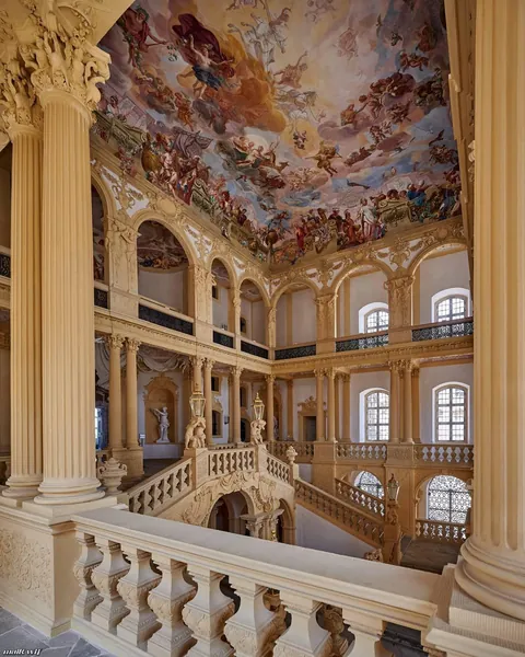 The imposing staircase of Weißenstein Palace, Germany, was finished in 1718.