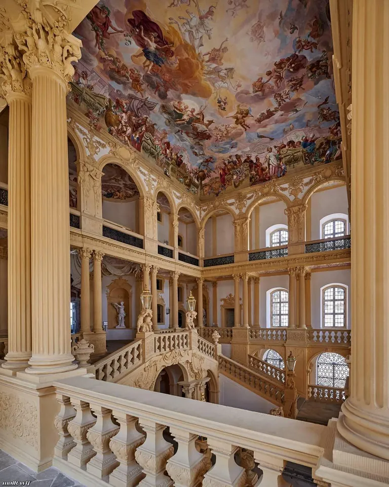 The imposing staircase of Weißenstein Palace, Germany, was finished in 1718.