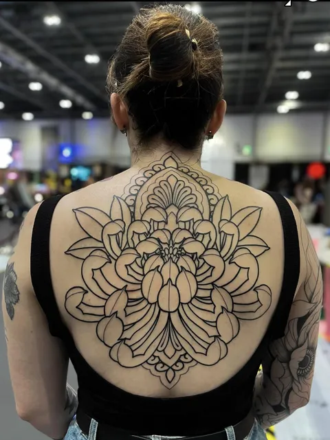 Super crisp ornamental back piece by Staceytattoos, Toxic Tattoo, Hastings UK