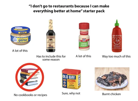 “I don’t go to restaurants because I can make everything better at home” starter pack