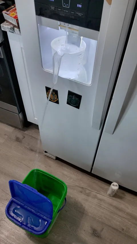 Instructions for a new fridge water filter said to flush 4gal through before use. Used a chop stick, measuring cup, and bucket so I wouldn't have to hold it