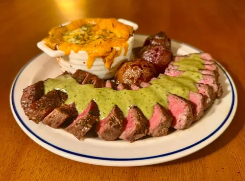 Steak L’Entrecote, Oven-Glazed Shallots, and Baby Potatoes Au Gratin!
