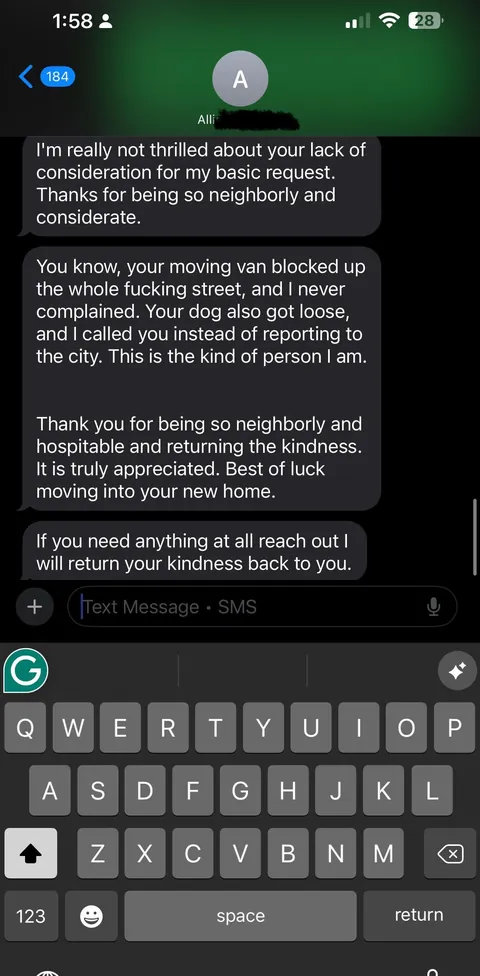 My neighbor was upset I wouldn't give her nanny exclusivity over the parking in front of my home, so she reported my fence to the city. These are the super cringey messages she sent me.