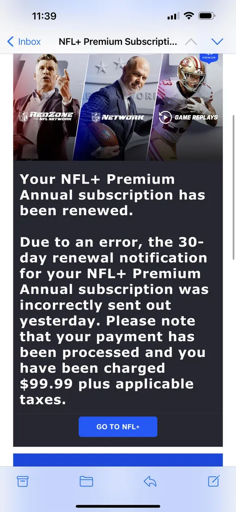 Canceled my NFL+ subscription. Got charged anyways. 