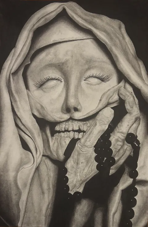 “Masked Death,” Emma Apodaca (me), Charcoal on Paper, 2025