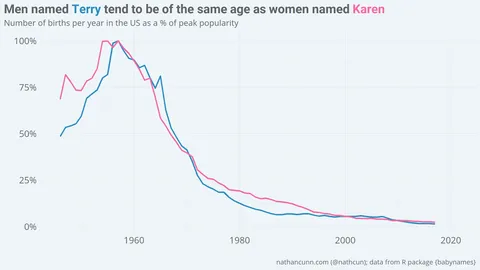 I analysed 70 years of baby names in the US to decide what to call a male Karen. It's Terry. [OC]