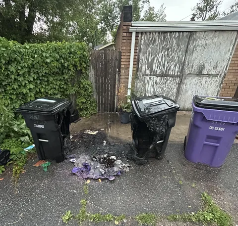 Neighbor’s Recycling Bin burst into flames and melted into a puddle overnight. (Purple recycling bin on the right for reference)