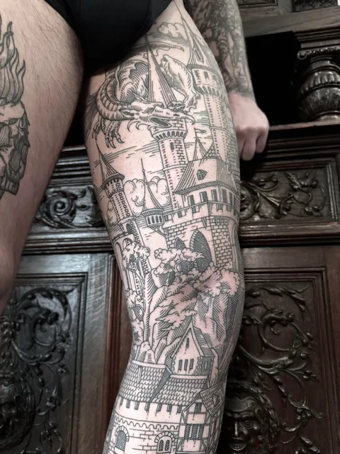 Full leg tattoo made by me (Ivan Zagusta) at Zaraza tattoo shop in Warsaw, Poland.