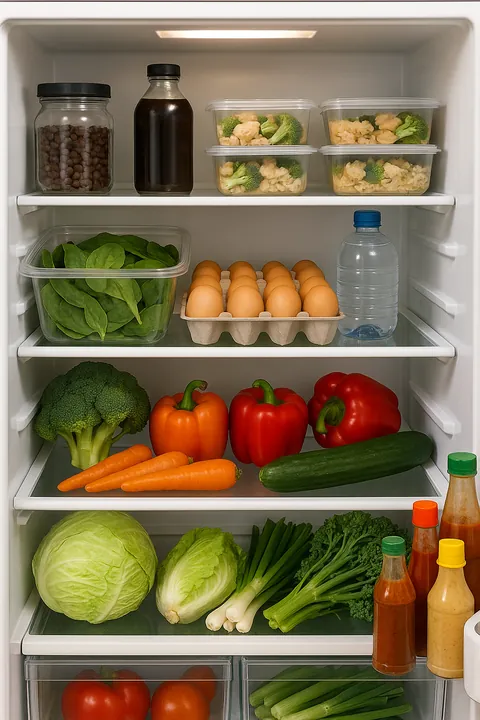 Based on what you know about me, generate an image of what the inside of my fridge probably looks like