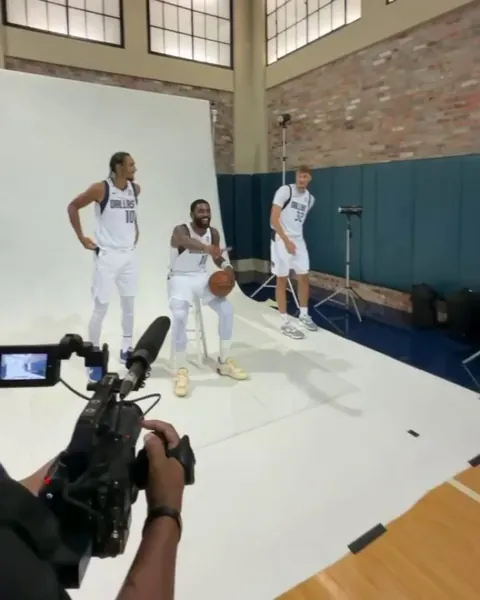 [All-Access] Former No. 1 overall picks Kyrie Irving, Cooper Flagg and Zaccharie Risacher pose at Mavs Media Day