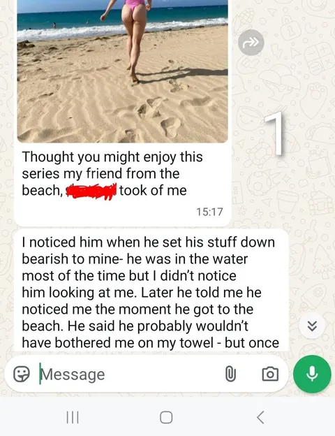 100% real text exchange from when my hotwife, peach_pl3ase, went to a Caribbean beach with a pink thong on...