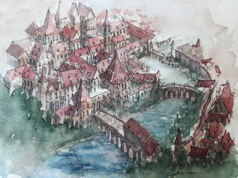My maginary european city watercolor drawing.