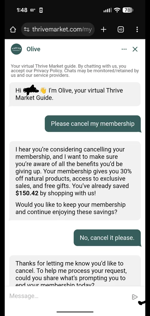 Trying to cancel my Thrive membership...