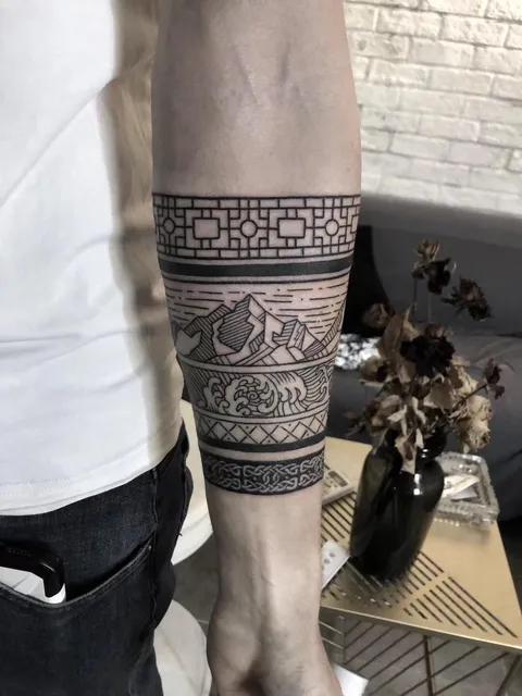 Geometric and pattern bands done by Elizabeth at Noir Tattoo in Shanghai, China