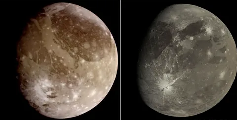 Two close-up views of Ganymede, the largest moon in our solar system, taken 25 years apart, on June 1996, NASA's Galileo spacecraft performed humanity's first-ever flyby of Jupiter's icy moon Ganymede, Nearly 25 years later, in June 2021, Juno made the next closest approach to the surface