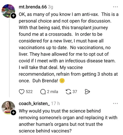 Having a transplant BUT non trusting the science