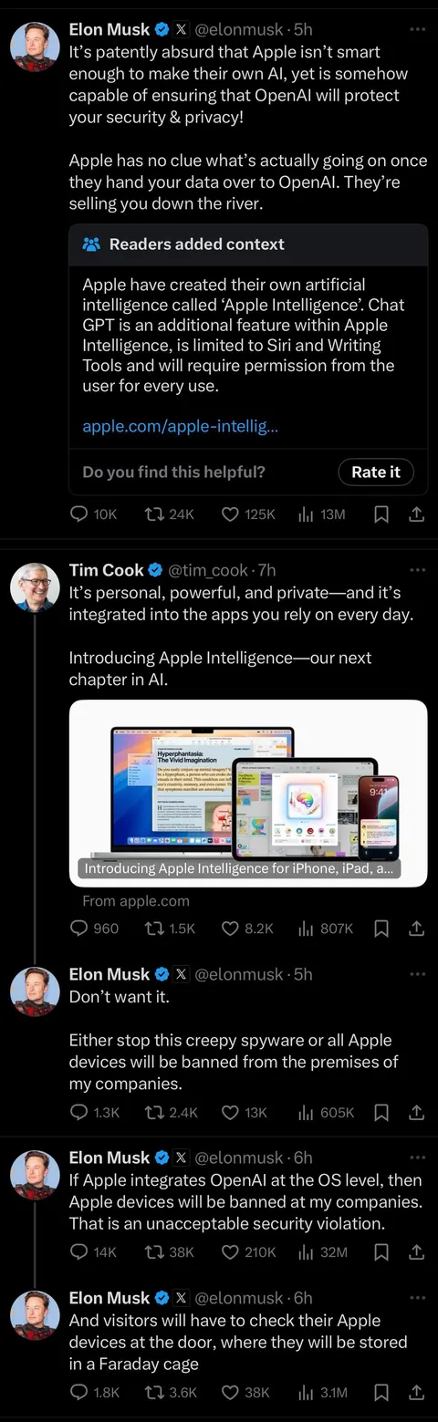 Elon Musk threatens Tim Cook to not put his archenemy OpenAI on iPhones. Throws tantrum that all employees and visitors must put iPhones in faraday cages.