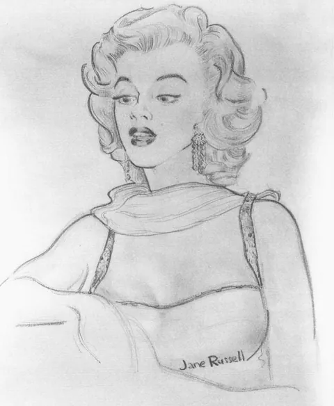 Actress Jane Russell shows off to Marilyn one of her talents, being a great pencil artis and drawing her during a break from the film of "Gentlemen prefer blondes", 1953