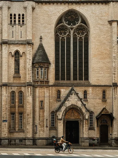 Part of the facade of the 1906 Church of the Barnabites on Avenue Brugmann, Forest, Brussels, Belgium.